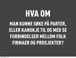 HVA OM
                       MAN KUNNE SØKE PÅ PARTER,
                       ELLER KANSKJE TIL OG MED SE
                       FORBINDELSER MELLOM FOLK
                        FIRMAER OG PROSJEKTER?

Friday, March 23, 12
 