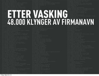 Arkitektkontoret Hille & Melbye AS                               Hille og Melbye Arkitekter AS v/Guri Tveito
  Hille- Melbye Arkitekter AS                              HILLE MELBYE Arkitekter AS                                       HilleMelbye Arkitekter AS v/Kari Stamnes
  Hille - Melbye arkitekter AS                             Arkitektkontoret Hille og Melbye as                              HilleMelbye Arkitekter AS
  Hille Melbye Arkitekter AS v/ Berit J. Markeseth         Hille Melbye Arkitekter AS v/ Berit Johanne Markeseth            Hille Melbye Arkitekter AS v/ Emil Fjellingsdal
  Hille Melbye Arkitekter AS v/Kari Stamnes                Hille Melbye Arkitekter AS v/ E.Fjellingsdal                     Hille og Melbye AS Arkitektkontoret v/Tore Wiig
  Hille Melbye Arkitekter AS v/ Marit Sylte                Hille Melbye arkitekter as                                       HILLE MELBYE ARK. AS
  Hille og Melbye Arkitekter AS v/Wiig                     Hille Melbye AS                                                  Hille og Melby AS
  Hille og Melbye Arkitekter AS v/ Trine Helle             Hille-Melbye AS                                                  Hille og Melby AS Arkitektkontor
  Hille Melbye Arkitekter AS v/Luis Corral Lacy            Hille+Melbye as                                                  Sameiet Fritzners gate 19 v/ styreleder Arild Hille
  HILLE.MELBYE arkitekter AS                               Hille + Melbye AS




            ETTER VASKING
                                                                                                                            Sameiet Fritzners gate 19 v/ styreleder Aridl Hille
  Hille Melbye Arkitekter AS v/ Jorunn Hillestad           Hille. Melbye AS                                                 Sameiet Fritznersgate 19 v/ Aril Hille
  Hille - Melbye arkitekter as                             Hille?Melbye AS                                                  Arkitektkontoret Hille & Mellbye A
  Hille Melbye Arkitekter AS v/Berit J. Markeseth          Hille Mellbye Arkitekter AS                                      Arkitektkontoret Hille & Mellbye AS
  HILLE-MELBYE ARKITEKTER AS                               Hille & Melbye AS                                                Hille-Melbye Ark.AS
  Hille-Melbye Arkitekter as                               Hille og Melbye AS Arkitekter, v/Bjørke                          Hille+Melbye AS arkitektkontoret
  Hille Melbye Arkitekter AS v/ Trine Helle                Hille-Melbye arkitekter AS                                       ArkitektkontoretHille og Melbye AS v/Harald T. Melbye
  Hille Melbye Arkitekter AS v/Marit Sylte                 Hille og Melbye Arkitekter AS v/Yngve Gottfridsson               Hille+Melbye ark. AS
  Hille-Melbye arkitekter as                               Hille & Mellbye Arkitekter                                       Hille og Melbye ark. AS




            48.000 KLYNGER AV FIRMANAVN
  Hille + Melbye arkitekter A.S                            Advokatfelleskapet i Torstedhjørnet v/ adv. Ragnhild Hillestad   Hille-Melbye Arkitekter A/S
  Arkitektkontoret Hille+Melbye A/S                        Hille + Melbye as                                                Hille Melbye Arkitekter As
  Arkitektkontoret Hille og Melbye AS                      Hille Melbye Arkitekter AS v/ Kaja Melbye                        Hille- Melbye arkitetker as
  Hille og Melbye Arkitektkontor AS                        Hille Melbye Arkitekter AS v/John Håvar Sætre                    Arkitektkontoret Hille & Mellbye
  Arkitektkontoret Hille+Melbye as                         Hille Melbye Arkitekter AS v/Johan H. Sætre                      Hille melbye Arktiekter AS
  Hille Melbye Arkitektkontor AS                           Ark. Hille + Melbye AS                                           Hille og Mellbye Arkitekter AS
  Arkitektkontoret Hille+Melbye AS v/Harald Melbye         Hille Melbye Ark. AS v/ Harald Hille                             Eiendoms- og byfornyelsesetaten v/Iver Hille
  Arkitektkontoret Hille+Melbye                            Hille+Melbye ark. AS                                             Henrik Hille, siv.ark.
  Hille og Melbye as arkitektkontor                        Hille Melbye Ark. AS                                             Hille og Melbye AS ark.
  Hille og Melbye AS Arkitektkontoret                      Sameiet Fritzners gate 19 v/ Arild Hille                         Hille+Mellbye AS
  Hille og Melbye AS Arkitektkontor                        HILLE OG MELBYE ARKITEKTER AS                                    Ark.kontor Hille+Mellbye AS
  Hille og Melbye AS Arkitektkontoret v/Alf R. Felberg     Hille Mellbye arkitekter as                                      Hille.Melbye v/Tore Wiig
  Hille+Melbye Arkitektkontor AS                           Hille & Melbye                                                   Hille . Melbye
  Arkitektkontoret Hille + Melbye AS                       Hille + Melbye                                                   Hille-Mellbye Arkitekter AS
  Hille og Melbye AS Arkitektkontoret v/ Reidar Lie        Hille+Melbye                                                     Hille Melbye Arkitekter AS v/ Toril Teigar Jacobsen
  Hille og Melbye Arkitektkontor AS v/ M. Eiesland         Hille og Melbye as                                               Hille.Melbye Arkitekter AS
  Hille Melbye Arkitekter                                  Hille og Melbye AS v/Tore Wiig                                   Hille+Melbye AS Arkitektkontoret
  Hille Melbye Arkitekter AS v/Svein Erik Eie Sørensen     Hille og Melbye AS                                               Ark.kontoret Hille. Melbye AS
  Hille Melbye Arkitekter AS v/Svein Eie Sørensen          Hille+Milbye as                                                  Hille Melbye Arkitketer AS
  Hille og Melbye Arkitekter AS v/ Harald T. Melbye        Hillevi Munthe for Goethe Institutt                              Arkitektkontoret Hille + Melye AS
  Hille og Melbye Arkitekter AS v/Lie                      Hillevi Munthe for Goethe Instituttet                            Hille-Melbye Arkitektkontor AS
  Hille Melbye Arkitekter A/S                              Hillevi Munthe for Goethe instituttet                            Hille og Melbye AS Arkitektkontoret v/Melvin Eiesland
  Hille Melbye Arkitekter AS v/Harald Melbye               Ark.kont. Hille+Melbye AS                                        Hille+Melbye AS, arkitektkontoret
  Hille og Melbye Arkitekter AS, v/Guri Tveito             Ark.kont. Hille+Melbye                                           Hille Melbye Arkitekter AS
  Hille+Melbye Arkitekter AS                               Hille+Melbye AS Ark.kont.                                        Hille og Melbye Arkitekter AS
  Hille melbye Arkitekter AS                               Hille + Melbye A/S Ark.kont.                                     Hille Melbye Arkitekter AS v/Kjell B. Bjørke
  Hille Melbye Arkitekter as                               Ark.kontoret HILLE+MELBYE                                        Hille Melbye Arkitekter AS v/ Harald T. Melbye
  HILLE MELBYE ARKITEKTER AS                               Hille+Melbye AS Ark. kontor                                      Hille og Melbye Arkitekter AS v/ Yngve Gottfridsson
  Hille Melbye Arkitekter AS v/Yngve Gottfridsson          Hille+Melbye AS Ark.kontor                                       Hille + Melbye Arkitektkontor A/S
  Hille og Melbye Arkitekter AS v/ Kjell B. Bjørke         Hille og Melby arkitekter                                        Arkitektkontoret Hille+Melbye AS
  Hille og Melbye Arkitekter AS v/Eva M Paulsen            Hille Melby Arkitekter AS                                        Hille og Melbye AS Arkitektkontoret
  Hille Mellbye Arkitekter                                 Boligsameietr Hammerstads gate 23 v/Øystein Hillestad            HILLE-MELBYE Arkitekter AS
  Hille - Mellby AS arkitekter AS                          Hille - Melbye Arkitekter A/S                                    Hille Melbye Arkitekter AS v/ Lillan Hvam
  Hille Melbye Arkitekter v/ Tore Wiig                     Hille og Melbye AS Ark.kontoret                                  Hille Melbye Arkitekter AS v/ Kjell Godøy
  Hille og Melbye AS Arkitekter                            Hille+Melbye A/S Arkitektkontoret                                Hille - Melbye Arkitekter AS
  Hille Melbye Arkitekter As v/ Kjell Bjørke               Axel O.Hillestad                                                 Hille + Melbye Arkitekter AS
  Hille Melbye Arkitekter AS v/ Guri Tveito                Hille Melbye Akritekter AS                                       Hille Melbye Arkitekter AS v/ Erik Karlsen
  Trygve Lund   Hille Melbye Arkitekter AS                 Arkitekkontoret Hille+Melbye AS                                  Hille Melbye Arkitekter AS v/ Anna Christensen
  Jernbaneverket Region Øst v/Hillestad                    Hille og Melbye v/Trygve Lund                                    Arkitektkontoret Hille + Melbye AS
  Hille-Melbye arkitekter AS v/Emil Fjellingsdal           Hille&Mellbye ArkitektkontorAS                                   Hille-Melbye
  Hille·Melbye Arkitekter AS                               Hille Melbye Arkitekter AS v/Melvin Eiesland                     Hille og Melbye ark. v/ Tore Wiig
  Hille - Melbye Arkitektkontor AS                         Anne Grethe Thillesen med fler                                   Hille - Melbye arkitekter
  Hille-Melbye Arkitekter AS v/Emil Fjellingsdal           Hille + Melnye AS                                                Hille+Melbye arkitektkontoret
  Hille og Melbye AS Arkitektkontoret v/Harald T. Melbye   Arkitektkontoret Hille + Mrlbye AS                               Hille+Melbye AS
  Jernbaneverket v/ Bjørn Georg Hillestad                  Hille+Melbye Arkitektkontoret AS                                 Ark.kontoret Hille.Melbye AS
  Hille Melbye arkitekt AS                                 Arkitektkontoret Hille og Melleby                                Hille og Melbye
  Hille og Melbye arkitekter                               Hille-Melby Ark. AS                                              Hille Melbye Arkitekter AS v/ Yngve Gottfridsson
  Arkitektkontoret Hille+Melbye AS v/Yngve Gottfridsson    Arkitektkontoret Hille og Melby AS                               Hille og Melbye Arkitekter AS v/Karlsen
  Hille og Melbye Arkitekter AS v/ Guri Tveito             Arkitekskontoret Hille+Mellbye AS                                Hille Melbye Arkitekter AS v/ Tore Wiig
  Hille og Melbye arkitekter AS                            Hille + Mellbye                                                  Hille - Melbye AS arkitekter AS
  Hille og Melbye AS arkitektkontor                        Arkitektkontoret Hille + Mellbye as                              Arkitektkontoret Hille.Melbye AS
  Hille og Melbye Arkitekter AS v/Jorunn Hillestad         Hille og Mellbye AS                                              Arkitektkontoret Hille + Melbye
  Hille Melbye arkitekter as v/ Melvin Eiesland            hille + Mellbye                                                  Ark. Hille+Melbye AS
Friday, March 23, 12
 