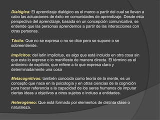 Dialógica: El aprendizaje dialógico es el marco a partir del cual se llevan a
cabo las actuaciones de éxito en comunidades de aprendizaje. Desde esta
perspectiva del aprendizaje, basada en un concepción comunicativa, se
entiende que las personas aprendemos a partir de las interacciones con
otras personas.
Tácito: Que no se expresa o no se dice pero se supone o se
sobreentiende.
Implícitos: del latín implicitus, es algo que está incluido en otra cosa sin
que esta lo exprese o lo manifieste de manera directa. El término es el
antónimo de explícito, que refiere a lo que expresa clara y
determinadamente una cosa
Metacognitivas: también conocida como teoría de la mente, es un
concepto que nace en la psicología y en otras ciencias de la cognición
para hacer referencia a la capacidad de los seres humanos de imputar
ciertas ideas u objetivos a otros sujetos o incluso a entidades.
Heterogéneo: Que está formado por elementos de distinta clase o
naturaleza.
 
