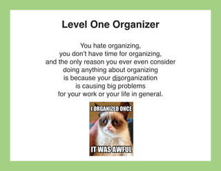 Level One Organizer
            You hate organizing,
     you don’t have time for organizing,
and the only reason you ever even consider
      doing anything about organizing
      is because your disorganization
          is causing big problems
    for your work or your life in general.
 