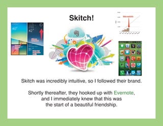Skitch!




Skitch was incredibly intuitive, so I followed their brand.

   Shortly thereafter, they hooked up with Evernote,
         and I immediately knew that this was
            the start of a beautiful friendship.
 