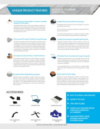 EachEverBlockfloorversioncontainsuniquefeaturesspecifictoits
application,yetthemodulesworktogetherandcaninterconnect,
providingtheultimateinflexibility.Forexample,ourdancefloors
willfullyconnecttoasurroundingtentfloortocreateaseamless
overalllookforyourevent.
OurFloorVersionsWorkTogetherToCreateACompletely
IntegratedFlooringSystem
EverBlockincorporatesthelatesttechnologyandaesthetictrends
inmodularflooringdesign,themostadvancedconnectionsystem
technology,andafocusonstructuralstrength.EverBlockFlooring
wasdesignedbyoneofthepioneersinmodularflooringsystems,
ArnonRosan,whohashadover25yearsofexperiencedesigning,
manufacturing,andinstallingmillionsofsquarefeetofmodular
flooringthroughouttheworld.
WeIncorporateTheLatestInModularFlooringTechnology
EverBlock Flooring modulescontain structuralcross-ribsfor
additionalstrengthandintegratedcableanddrainagechannelson
theunderside,whichenableyoutorunnetworkingandpower
cablesunderyourfloorandallowrainandwatertoflowunder-
neaththefloor.YoucanalsorunLEDlightstoilluminatetranslu-
centversionsofthefloor,fordramaticeﬀects.
EverBlockFlooringFeaturesIntegratedCableChannels
AllEverBlockFlooringinterconnectsusingEverBlock’sproprietary
quick-connectlockingsystem,providingincredibledurability,
whilebeingeasytoconnectanddisconnect.Simplyslidesections
intopositionandstepdownontilestoconnect.Todisconnect
simplytipsectionsupwards,disconnectingthespecializedlocking
tabanddisconnectingthesection.
OurSystemsAreQuickAndEasyToInstallAndRemove
EverBlockFlooringtransportsinpre-assembled3 x3 or3 x4
sections,dependingonyourpreferredsize.Thesesectionsizesare
idealforfastinstallationandremovalastheycanbehandledby
onepersoncomfortably.
70pre-assembledsectionscanbeloadedonastandardpallet,
allowingfor630to840squarefeettobetransportedonasingle
pallet.
EverBlockFlooringiscompletelyre-useable.Whenyoureventor
functionisoverorwhenyouaremovingorneedtoreconfigure
yourspace,simplydisconnectEverBlocktilesandtransporttothe
nextlocation.Itisahighlyprofitablerentalitemaswell,allowing
partyandtentrentalcompaniestore-coupetheirinvestmentin
only3-4rentals.
AllEverBlockFloorsStoreEasilyAndTransportCompactly
EverBlock’sTransitionEdgingpiecesprovideasmoothtransition
betweenthesub-floorandthesurfaceoftheEverBlock.Use
EverBlockEdgingfortentfloors,dancefloors,exhibitfloors,entry-
ways,orwhereveryouneedtoprovideasafeandgradualtransi-
tion.Rampsprovideasmoothtransitionfromthegroundsurface
ontotheflooringandmeetADAguidelinesforaccessibility.
ADACompliantTransitionEdging
AllEverBlockFlooringversionscanbeusedoutdoors,ischemical
resistantandeasytoclean.
Allofourflooringiscompletelywaterproof,includingwoodfinish
danceandeventfloors.
Ourmodularflooringsystemscansupporttremendousweights
andcanhandlethetraﬀicoflargescaleeventsandgatherings.
EverBlockFlooringIsDurableAndLongLasting
Re-UsableAndRe-ConﬁgurableFlooringSystem
ACCESSORIES
TRANSITION EDGING TRANSPORTCART CONNECTORLUGTILE
EASYTOINSTALLANDREMOVE
MADEINTHEUSA
100%RECYCLABLE
WATERANDWEATHERPROOF,
CHECMICALRESISTANT,
UVINHIBITED
MANUFACTUREDUSING
DURABLEHIGH-IMPACT
POLYPROPYLENEMODULARBUILDING
BLOCKS
2-WAYCONNECTOR
LINK
4-WAYCONNECTOR
LINK
TollFree:844-422-5625 Local:646-681-6555
CREATEEXPANDABLE,CHANGEABLE,AND
TRANSPORTABLESTRUCTURESWITHOUT
HEAVYEQUIPMENTORTOOLS
MODULARFLOORING
SOLUTIONS
UNIQUEPRODUCTFEATURES
 