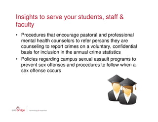 Insights to serve your students, staff &
faculty
• Procedures that encourage pastoral and professional
  mental health counselors to refer persons they are
  counseling to report crimes on a voluntary, confidential
  basis for inclusion in the annual crime statistics
• Policies regarding campus sexual assault programs to
  prevent sex offenses and procedures to follow when a
  sex offense occurs
 