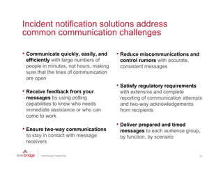 Incident notification solutions address
common communication challenges

• Communicate quickly easily and
              quickly, easily,          • Reduce miscommunications and
 efficiently with large numbers of       control rumors with accurate,
 people in minutes, not hours, making    consistent messages
 sure that the lines of communication
 are open
                                        • Satisfy regulatory requirements
• Receive feedback from your             with extensive and complete
 messages by using polling               reporting of communication attempts
                                               ti   f        i ti    tt   t
 capabilities to know who needs          and two-way acknowledgements
 immediate assistance or who can         from recipients
 come to work
                                        • Deliver prepared and timed
• Ensure two-way communications          messages to each audience group,
 to stay in contact with message         by function, by scenario
 receivers
      i

                                                                            23
 