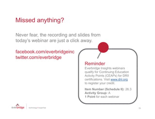Missed anything?

Never fear, the recording and slides from
          ,             g
today’s webinar are just a click away.

facebook.com/everbridgeinc
facebook com/everbridgeinc
twitter.com/everbridge
                                 Reminder
                                 Everbridge Insights webinars
                                 qualify for Continuing Education
                                 Activity Points (CEAPs) for DRII
                                 certifications. Visit www.drii.org
                                 to register your credit.
                                        i              di
                                 Item Number (Schedule II): 26.3
                                 Activity Group: A
                                 1 Point for each webinar


                                                                      24
 