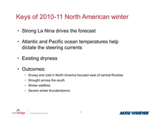 Keys of 2010-11 North American winter

• Strong La Nina drives the forecast

• Atlantic and Pacific ocean temperatures help
  dictate the steering currents

• Existing dryness

• Outcomes:
   • Snowy and cold in North America focused west of central Rockies
   • Drought across the south
   • Winter wildfires
   • Severe winter thunderstorms




                                       6
 