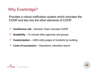 Why Everbridge?
Provides a robust notification system which activates the
COOP and ties into the other elements of COOP

   Conference call – Decision Team activates COOP

   Scalability – To include other agencies and groups

   Customization – USM notify judges of incidents by building

   Lines of succession – Operations, relocation teams
 