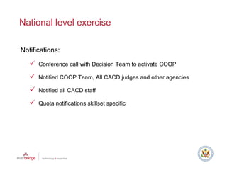 National level exercise

Notifications:

      Conference call with Decision Team to activate COOP

      Notified COOP Team, All CACD judges and other agencies
                    Team

      Notified all CACD staff

      Quota notifications skillset specific
 