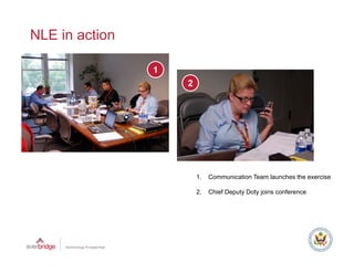 NLE in action

                1
                    2




                        1.   Communication Team launches the exercise

                        2.   Chief Deputy Doty joins conference
 