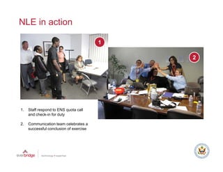 NLE in action

                                         1

                                             2




1.   Staff respond to ENS quota call
     and check-in for duty

2.   Communication team celebrates a
     successful conclusion of exercise
 