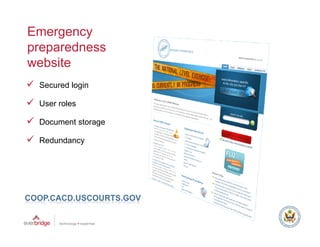 Emergency
preparedness
website
  Secured login

  User roles

  Document storage

  Redundancy




COOP.CACD.USCOURTS.GOV
 