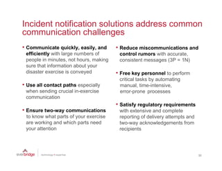 Incident notification solutions address common
communication challenges
• Communicate quickly, easily, and      • Reduce miscommunications and
 efficiently with large numbers of       control rumors with accurate
                                                             accurate,
 people in minutes, not hours, making    consistent messages (3P = 1N)
 sure that information about your
 disaster exercise is conveyed          • Free key personnel to perform
                                         critical tasks by automating
• Use all contact paths especially       manual, time-intensive,
 when sending crucial in-exercise        error-prone processes
 communication
                                        • Satisfy regulatory requirements
• Ensure two-way communications          with extensive and complete
 to know what parts of your exercise     reporting of delivery attempts and
 are working and which parts need        two-way acknowledgements from
 your attention                          recipients




                                                                              30
 