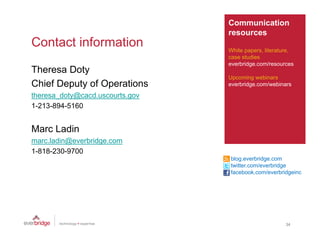 Communication
                                 resources
Contact information              White papers, literature,
                                 case studies
                                 everbridge.com/resources
Theresa Doty
                                 Upcoming webinars
Chief Deputy of Operations       everbridge.com/webinars

theresa_doty@cacd.uscourts.gov
1 213 894 5160
1-213-894-5160


Marc Ladin
marc.ladin@everbridge.com
     l di @    b id
1-818-230-9700
                                 blog.everbridge.com
                                 twitter.com/everbridge
                                 facebook.com/everbridgeinc
                                 f    b k      /     b id i




                                                       34
 