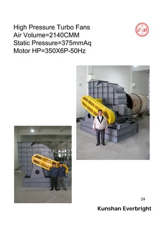 24
High Pressure Turbo Fans
Air Volume=2140CMM
Static Pressure=375mmAq
Motor HP=350X6P-50Hz
Kunshan Everbright
 