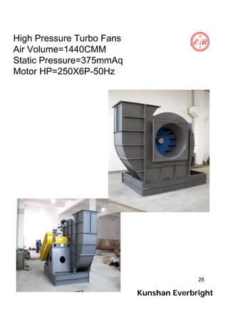 28
High Pressure Turbo Fans
Air Volume=1440CMM
Static Pressure=375mmAq
Motor HP=250X6P-50Hz
Kunshan Everbright
 