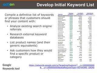 Develop Initial Keyword List

 Compile a definitive list of keywords
 or phrases that customers should
 find your content with:
   • Analyze existing search engine
     referrals
   • Research external keyword
     databases
   • List product names (and their
     generic equivalents)
   • Ask customers how they would
     find a specific product or
     category

Google             https://adwords.google.com/o/Targeting/Explorer?__c=1000000000
                              &__u=1000000000&ideaRequestType=KEYWORD_IDEAS
Keywords tool                        8
 