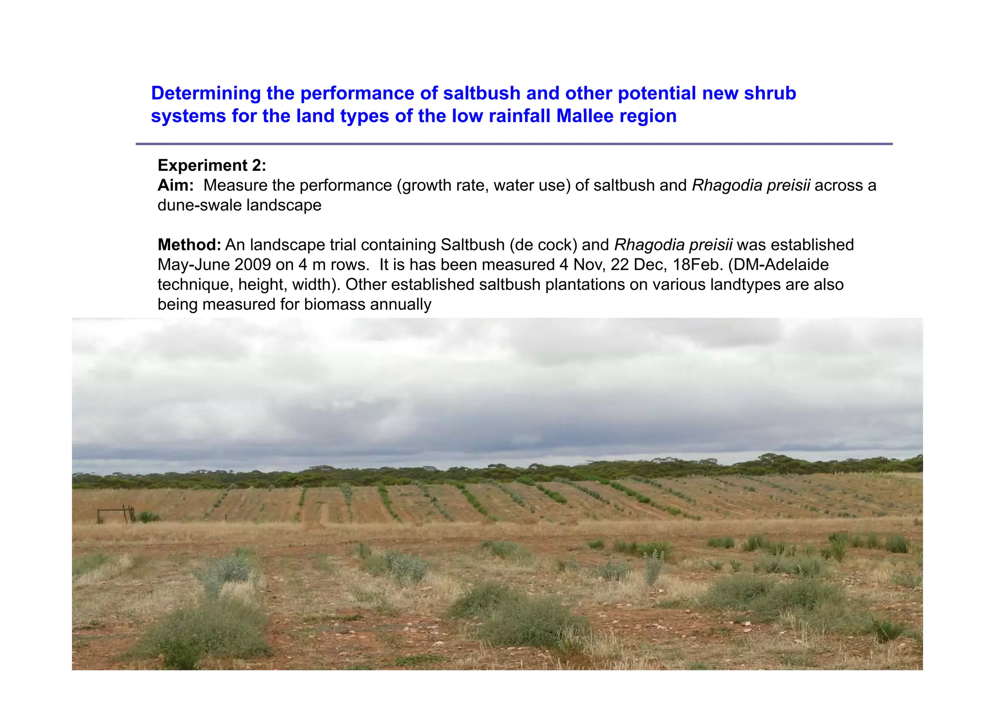 Determining the performance of saltbush and other potential new shrub
systems
s stems for the land t pes of the lo rainfall Mallee region
                     types        low

Experiment 2:
Aim: Measure the performance (g
                  p          (growth rate, water use) of saltbush and Rhagodia p
                                         ,          )                    g     preisii across a
dune-swale landscape

Method: An landscape trial containing Saltbush (de cock) and Rhagodia preisii was established
May-June 2009 on 4 m rows. It is has been measured 4 Nov, 22 Dec, 18Feb. (DM-Adelaide
   y                                                          ,       ,         (
technique, height, width). Other established saltbush plantations on various landtypes are also
being measured for biomass annually
 