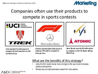 From:From:
Companies often use their products to
compete in sports contests
Van Everdingen, Hariharan & Stremersch (2019)
Trek spends €14 million/year &
employs 40 staff members on the
UCI World Tour
Daimler spends €200 million/year &
employs 700 staff to compete in
Formula One
Amer Sports spends €9 million/year
to compete in the FIS Alpine Skiing
World Cup
What are the benefits of this strategy?
• Links the firm brand name more strongly to the sport and increases
positive perceptions
• Introduces and demonstrates newest firm innovations
 