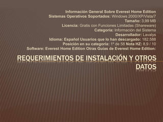 Información General Sobre Everest Home Edition
Sistemas Operativos Soportados: Windows 2000/XP/Vista/7
Tamaño: 3,99 MB
Licencia: Gratis con Funciones Limitadas (Shareware)
Categoría: Información del Sistema
Desarrollador: Lavalys
Idioma: Español Usuarios que lo han descargado: 182.588
Posición en su categoría: 1º de 58 Nota HZ: 8,9 / 10
Software: Everest Home Edition Otras Guías de Everest Home Edition:
REQUERIMIENTOS DE INSTALACIÓN Y OTROS
DATOS
 
