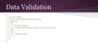 Data Validation
{
"_status": "ERR",
"_error": "Some documents contains errors",
"_items": [
{
"_status": "ERR",
"_issues":...