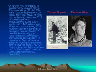 2ο Δημοτικό Σχολείο Ξάνθης 4
Οι πρώτοι που κατάφεραν να
ανέβουν στην κορυφή ήταν ο
Έντμουντ Χίλαρι (1919–2008)
και ο Τένσινγκ Νοργκέι στις 29
Μαΐου του 1953. Μέχρι το τέλος
της ορειβατικής σεζόν του 2010,
το κατόρθωμά τους
επαναλήφθηκε άλλες 5.104
φορές από 3.142 ανθρώπους.
Μέχρι το τέλος του έτους 2020,
περισσότεροι από 300 ήταν οι
ορειβάτες που απεβίωσαν, ή
σκοτώθηκαν με ατύχημα,
προσπαθώντας να φτάσουν
στην κορυφή του Έβερεστ. Η
αυξανόμενη δημοτικότητα του
Έβερεστ ως ανάβαση φαίνεται
από το γεγονός ότι το 77% των
επιτυχημένων αναβάσεων έγιναν
από το 2000 και μετά. Μόνο το
2007, καταγράφηκαν 633
αναβάσεις.
Έντμουντ Χίλαρι
Τένσινγκ Νοργκέι Έντμουντ Χίλαρι
Έντμουντ Χίλαρι
Έντμουντ Χίλαρι
 