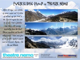 Everest Base Camp for Theatre NEMO
  After 20 days, over 220km
 of scenic routes and 10,000m
   of altitude my epic trek in
  the Everest region has come
   to an end. I had a fabulous
     time there with amazing
    hospitality from the local
 Sherpa population and breath-
taking views. I have seen four
of the world’s highest summits
such as Everest, Nuptse, Cho
        You and Makalu.


                                 Oliwia Nastalek (GIA)
                                 Tel: 01870 82 4268
                                 E-mail: oliwia.nastalek@rbs.co.uk
 
