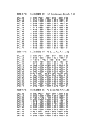 B00 D1B F00:   Intel 82801GB ICH7 - High Definition Audio Controller [A-1]

Offset   00:   86   80   D8 27 06 00 10 00 01 00 03 04 08 00 00 00
Offset   10:   04   80   A7 FE 00 00 00 00 00 00 00 00 00 00 00 00
Offset   20:   00   00   00 00 00 00 00 00 00 00 00 00 62 14 29 75
Offset   30:   00   00   00 00 50 00 00 00 00 00 00 00 10 01 00 00
Offset   40:   03   00   00 03 00 00 00 00 00 00 00 00 00 00 00 00
Offset   50:   01   60   42 C8 00 00 00 00 00 00 00 00 00 00 00 00
Offset   60:   05   70   80 00 00 00 00 00 00 00 00 00 00 00 00 00
Offset   70:   10   00   91 00 00 00 00 00 00 08 10 00 00 00 00 00
Offset   80:   00   00   00 00 00 00 00 00 00 00 00 00 00 00 00 00
Offset   90:   00   00   00 00 00 00 00 00 00 00 00 00 00 00 00 00
Offset   A0:   00   00   00 00 00 00 00 00 00 00 00 00 00 00 00 00
Offset   B0:   00   00   00 00 00 00 00 00 00 00 00 00 00 00 00 00
Offset   C0:   00   00   00 01 00 00 00 00 00 00 00 00 00 00 00 00
Offset   D0:   00   00   00 00 00 00 00 00 00 00 00 00 00 00 00 00
Offset   E0:   00   00   00 00 00 00 00 00 00 00 00 00 00 00 00 00
Offset   F0:   00   00   00 00 00 00 00 00 86 0F 01 00 00 00 00 00

B00 D1C F00:   Intel 82801GB ICH7 - PCI Express Root Port 1 [A-1]

Offset   00:   86 80 D0 27 04 01 10 00 01 00 04 06 08 00 81 00
Offset   10:   00 00 00 00 00 00 00 00 00 01 01 00 F0 00 00 20
Offset   20:   F0 FF 00 00 F1 FF 01 00 00 00 00 00 00 00 00 00
Offset   30:   00 00 00 00 40 00 00 00 00 00 00 00 10 01 06 00
Offset   40:   10 80 41 01 C0 0F 00 00 00 00 10 00 11 4C 11 01
Offset   50:   00 00 01 10 E0 0C 00 01 00 00 00 00 00 00 00 00
Offset   60:   00 00 00 00 00 00 00 00 00 00 00 00 00 00 00 00
Offset   70:   00 00 00 00 00 00 00 00 00 00 00 00 00 00 00 00
Offset   80:   05 90 00 00 00 00 00 00 00 00 00 00 00 00 00 00
Offset   90:   0D A0 00 00 62 14 29 75 00 00 00 00 00 00 00 00
Offset   A0:   01 00 02 C8 00 00 00 00 00 00 00 00 00 00 00 00
Offset   B0:   00 00 00 00 00 00 00 00 00 00 00 00 00 00 00 00
Offset   C0:   00 00 00 00 00 00 00 00 00 00 00 00 00 00 00 00
Offset   D0:   00 00 00 00 00 00 00 00 00 00 11 00 00 00 00 00
Offset   E0:   00 00 C7 00 06 07 08 00 00 00 00 00 00 00 00 00
Offset   F0:   00 00 00 00 00 00 00 00 86 0F 01 00 00 00 00 00

B00 D1C F01:   Intel 82801GB ICH7 - PCI Express Root Port 2 [A-1]

Offset   00:   86 80 D2 27 07 01 10 00 01 00 04 06 08 00 81 00
Offset   10:   00 00 00 00 00 00 00 00 00 02 02 00 E0 E0 00 00
Offset   20:   B0 FE B0 FE F1 FD F1 FD 00 00 00 00 00 00 00 00
Offset   30:   00 00 00 00 40 00 00 00 00 00 00 00 11 02 06 00
Offset   40:   10 80 41 01 C0 0F 00 00 00 00 10 00 11 2C 11 02
Offset   50:   40 00 11 30 60 05 08 01 00 00 48 01 00 00 00 00
Offset   60:   00 00 00 00 00 00 00 00 00 00 00 00 00 00 00 00
Offset   70:   00 00 00 00 00 00 00 00 00 00 00 00 00 00 00 00
Offset   80:   05 90 00 00 00 00 00 00 00 00 00 00 00 00 00 00
Offset   90:   0D A0 00 00 62 14 29 75 00 00 00 00 00 00 00 00
Offset   A0:   01 00 02 C8 00 01 00 00 00 00 00 00 00 00 00 00
Offset   B0:   00 00 00 00 00 00 00 00 00 00 00 00 00 00 00 00
 
