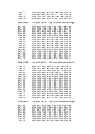 Offset   C0:   00   00   00 00 00   00   00 00 00   00 00 00 00 00 00 00
Offset   D0:   00   00   00 00 00   00   00 00 00   00 11 00 00 00 00 00
Offset   E0:   00   00   C7 00 06   07   08 00 00   00 00 00 00 00 00 00
Offset   F0:   00   00   00 00 00   00   00 00 86   0F 01 00 00 00 00 00

B00 D1D F00:   Intel 82801GB ICH7 - USB Universal Host Controller [A-1]

Offset   00:   86   80 C8 27 05 00 80 02 01 00 03 0C 00 00 80 00
Offset   10:   00   00 00 00 00 00 00 00 00 00 00 00 00 00 00 00
Offset   20:   81   D8 00 00 00 00 00 00 00 00 00 00 62 14 29 75
Offset   30:   00   00 00 00 00 00 00 00 00 00 00 00 17 01 00 00
Offset   40:   00   00 00 00 00 00 00 00 00 00 00 00 00 00 00 00
Offset   50:   00   00 00 00 00 00 00 00 00 00 00 00 00 00 00 00
Offset   60:   10   00 00 00 00 00 00 00 00 00 00 00 00 00 00 00
Offset   70:   00   00 00 00 00 00 00 00 00 00 00 00 00 00 00 00
Offset   80:   00   00 00 00 00 00 00 00 00 00 00 00 00 00 00 00
Offset   90:   00   00 00 00 00 00 00 00 00 00 00 00 00 00 00 00
Offset   A0:   00   00 00 00 00 00 00 00 00 00 00 00 00 00 00 00
Offset   B0:   00   00 00 00 00 00 00 00 00 00 00 00 00 00 00 00
Offset   C0:   00   2F 00 00 00 00 00 00 00 00 01 00 00 00 00 00
Offset   D0:   00   00 00 00 00 00 00 00 00 00 00 00 00 00 00 00
Offset   E0:   00   00 00 00 00 00 00 00 00 00 00 00 00 00 00 00
Offset   F0:   00   00 00 00 00 00 00 00 86 0F 01 00 00 00 00 00

B00 D1D F01:   Intel 82801GB ICH7 - USB Universal Host Controller [A-1]

Offset   00:   86   80 C9 27 05 00 80 02 01 00 03 0C 00 00 00 00
Offset   10:   00   00 00 00 00 00 00 00 00 00 00 00 00 00 00 00
Offset   20:   01   D8 00 00 00 00 00 00 00 00 00 00 62 14 29 75
Offset   30:   00   00 00 00 00 00 00 00 00 00 00 00 13 02 00 00
Offset   40:   00   00 00 00 00 00 00 00 00 00 00 00 00 00 00 00
Offset   50:   00   00 00 00 00 00 00 00 00 00 00 00 00 00 00 00
Offset   60:   10   00 00 00 00 00 00 00 00 00 00 00 00 00 00 00
Offset   70:   00   00 00 00 00 00 00 00 00 00 00 00 00 00 00 00
Offset   80:   00   00 00 00 00 00 00 00 00 00 00 00 00 00 00 00
Offset   90:   00   00 00 00 00 00 00 00 00 00 00 00 00 00 00 00
Offset   A0:   00   00 00 00 00 00 00 00 00 00 00 00 00 00 00 00
Offset   B0:   00   00 00 00 00 00 00 00 00 00 00 00 00 00 00 00
Offset   C0:   00   2F 00 00 00 00 00 00 00 00 01 00 00 00 00 00
Offset   D0:   00   00 00 00 00 00 00 00 00 00 00 00 00 00 00 00
Offset   E0:   00   00 00 00 00 00 00 00 00 00 00 00 00 00 00 00
Offset   F0:   00   00 00 00 00 00 00 00 86 0F 01 00 00 00 00 00

B00 D1D F02:   Intel 82801GB ICH7 - USB Universal Host Controller [A-1]

Offset   00:   86   80 CA 27 05 00 80 02 01 00 03 0C 00 00 00 00
Offset   10:   00   00 00 00 00 00 00 00 00 00 00 00 00 00 00 00
Offset   20:   81   D4 00 00 00 00 00 00 00 00 00 00 62 14 29 75
Offset   30:   00   00 00 00 00 00 00 00 00 00 00 00 12 03 00 00
Offset   40:   00   00 00 00 00 00 00 00 00 00 00 00 00 00 00 00
Offset   50:   00   00 00 00 00 00 00 00 00 00 00 00 00 00 00 00
Offset   60:   10   00 00 00 00 00 00 00 00 00 00 00 00 00 00 00
Offset   70:   00   00 00 00 00 00 00 00 00 00 00 00 00 00 00 00
 