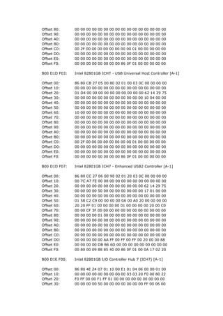 Offset   80:   00   00 00 00 00   00 00 00 00   00 00 00 00 00 00 00
Offset   90:   00   00 00 00 00   00 00 00 00   00 00 00 00 00 00 00
Offset   A0:   00   00 00 00 00   00 00 00 00   00 00 00 00 00 00 00
Offset   B0:   00   00 00 00 00   00 00 00 00   00 00 00 00 00 00 00
Offset   C0:   00   2F 00 00 00   00 00 00 00   00 01 00 00 00 00 00
Offset   D0:   00   00 00 00 00   00 00 00 00   00 00 00 00 00 00 00
Offset   E0:   00   00 00 00 00   00 00 00 00   00 00 00 00 00 00 00
Offset   F0:   00   00 00 00 00   00 00 00 86   0F 01 00 00 00 00 00

B00 D1D F03:   Intel 82801GB ICH7 - USB Universal Host Controller [A-1]

Offset   00:   86   80 CB 27 05 00 80 02 01 00 03 0C 00 00 00 00
Offset   10:   00   00 00 00 00 00 00 00 00 00 00 00 00 00 00 00
Offset   20:   01   D4 00 00 00 00 00 00 00 00 00 00 62 14 29 75
Offset   30:   00   00 00 00 00 00 00 00 00 00 00 00 10 04 00 00
Offset   40:   00   00 00 00 00 00 00 00 00 00 00 00 00 00 00 00
Offset   50:   00   00 00 00 00 00 00 00 00 00 00 00 00 00 00 00
Offset   60:   10   00 00 00 00 00 00 00 00 00 00 00 00 00 00 00
Offset   70:   00   00 00 00 00 00 00 00 00 00 00 00 00 00 00 00
Offset   80:   00   00 00 00 00 00 00 00 00 00 00 00 00 00 00 00
Offset   90:   00   00 00 00 00 00 00 00 00 00 00 00 00 00 00 00
Offset   A0:   00   00 00 00 00 00 00 00 00 00 00 00 00 00 00 00
Offset   B0:   00   00 00 00 00 00 00 00 00 00 00 00 00 00 00 00
Offset   C0:   00   2F 00 00 00 00 00 00 00 00 01 00 00 00 00 00
Offset   D0:   00   00 00 00 00 00 00 00 00 00 00 00 00 00 00 00
Offset   E0:   00   00 00 00 00 00 00 00 00 00 00 00 00 00 00 00
Offset   F0:   00   00 00 00 00 00 00 00 86 0F 01 00 00 00 00 00

B00 D1D F07:   Intel 82801GB ICH7 - Enhanced USB2 Controller [A-1]

Offset   00:   86   80 CC 27 06 00 90 02 01 20 03 0C 00 00 00 00
Offset   10:   00   7C A7 FE 00 00 00 00 00 00 00 00 00 00 00 00
Offset   20:   00   00 00 00 00 00 00 00 00 00 00 00 62 14 29 75
Offset   30:   00   00 00 00 50 00 00 00 00 00 00 00 17 01 00 00
Offset   40:   00   00 00 00 00 00 00 00 00 00 00 00 00 00 00 00
Offset   50:   01   58 C2 C9 00 00 00 00 0A 00 A0 20 00 00 00 00
Offset   60:   20   20 FF 01 00 00 00 00 01 00 00 00 00 20 00 C0
Offset   70:   00   00 CF 3F 00 00 00 00 00 00 00 00 00 00 00 00
Offset   80:   00   00 00 00 01 00 00 00 00 00 00 00 00 00 00 00
Offset   90:   00   00 00 00 00 00 00 00 00 00 00 00 00 00 00 00
Offset   A0:   00   00 00 00 00 00 00 00 00 00 00 00 00 00 00 00
Offset   B0:   00   00 00 00 00 00 00 00 00 00 00 00 00 00 00 00
Offset   C0:   00   00 00 00 00 00 00 00 00 00 00 00 00 00 00 00
Offset   D0:   00   00 00 00 00 AA FF 00 FF 00 FF 00 20 00 00 88
Offset   E0:   00   00 00 00 DB B6 6D 00 00 00 00 00 00 00 00 00
Offset   F0:   00   80 00 09 88 85 40 00 86 0F 01 00 0A 17 02 20

B00 D1E F00:   Intel 82801GB I/O Controller Hub 7 (ICH7) [A-1]

Offset   00:   86   80 4E 24 07 01 10 00 E1 01 04 06 00 00 01 00
Offset   10:   00   00 00 00 00 00 00 00 00 03 03 20 F0 00 80 22
Offset   20:   F0   FF 00 00 F1 FF 01 00 00 00 00 00 00 00 00 00
Offset   30:   00   00 00 00 50 00 00 00 00 00 00 00 FF 00 06 00
 
