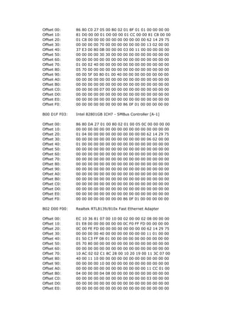 Offset   00:   86   80 C0 27 05 00 B0 02 01 8F 01 01 00 00 00 00
Offset   10:   81   D0 00 00 01 D0 00 00 01 CC 00 00 81 C8 00 00
Offset   20:   01   C8 00 00 00 00 00 00 00 00 00 00 62 14 29 75
Offset   30:   00   00 00 00 70 00 00 00 00 00 00 00 13 02 00 00
Offset   40:   37   E3 00 80 0B 00 00 00 03 00 11 00 00 00 00 00
Offset   50:   00   00 00 00 30 30 00 00 00 00 00 00 00 00 00 00
Offset   60:   00   00 00 00 00 00 00 00 00 00 00 00 00 00 00 00
Offset   70:   01   00 02 40 00 00 00 00 00 00 00 00 00 00 00 00
Offset   80:   05   70 00 00 00 00 00 00 00 00 00 00 00 00 00 00
Offset   90:   00   00 5F 00 80 01 00 40 00 00 00 00 00 00 00 00
Offset   A0:   00   00 00 00 00 00 00 00 00 00 00 00 00 00 00 00
Offset   B0:   00   00 00 00 00 00 00 00 00 00 00 00 00 00 00 00
Offset   C0:   00   00 00 00 07 00 00 00 00 00 00 00 00 00 00 00
Offset   D0:   00   00 00 00 00 00 00 00 00 00 00 00 00 00 00 00
Offset   E0:   00   00 00 00 00 00 00 00 00 00 00 00 00 00 00 00
Offset   F0:   00   00 00 00 00 00 00 00 86 0F 01 00 00 00 00 00

B00 D1F F03:   Intel 82801GB ICH7 - SMBus Controller [A-1]

Offset   00:   86   80   DA 27 01 00 80 02 01 00 05 0C 00 00 00 00
Offset   10:   00   00   00 00 00 00 00 00 00 00 00 00 00 00 00 00
Offset   20:   01   04   00 00 00 00 00 00 00 00 00 00 62 14 29 75
Offset   30:   00   00   00 00 00 00 00 00 00 00 00 00 06 02 00 00
Offset   40:   01   00   00 00 00 00 00 00 00 00 00 00 00 00 00 00
Offset   50:   00   00   00 00 00 00 00 00 00 00 00 00 00 00 00 00
Offset   60:   00   00   00 00 00 00 00 00 00 00 00 00 00 00 00 00
Offset   70:   00   00   00 00 00 00 00 00 00 00 00 00 00 00 00 00
Offset   80:   00   00   00 00 00 00 00 00 00 00 00 00 00 00 00 00
Offset   90:   00   00   00 00 00 00 00 00 00 00 00 00 00 00 00 00
Offset   A0:   00   00   00 00 00 00 00 00 00 00 00 00 00 00 00 00
Offset   B0:   00   00   00 00 00 00 00 00 00 00 00 00 00 00 00 00
Offset   C0:   00   00   00 00 00 00 00 00 00 00 00 00 00 00 00 00
Offset   D0:   00   00   00 00 00 00 00 00 00 00 00 00 00 00 00 00
Offset   E0:   00   00   00 00 00 00 00 00 00 00 00 00 00 00 00 00
Offset   F0:   00   00   00 00 00 00 00 00 86 0F 01 00 00 00 00 00

B02 D00 F00:   Realtek RTL8139/810x Fast Ethernet Adapter

Offset   00:   EC   10 36 81 07 00 10 00 02 00 00 02 08 00 00 00
Offset   10:   01   E8 00 00 00 00 00 00 0C F0 FF FD 00 00 00 00
Offset   20:   0C   00 FE FD 00 00 00 00 00 00 00 00 62 14 29 75
Offset   30:   00   00 00 00 40 00 00 00 00 00 00 00 11 01 00 00
Offset   40:   01   50 C3 FF 08 01 00 00 00 00 00 00 00 00 00 00
Offset   50:   05   70 80 00 00 00 00 00 00 00 00 00 00 00 00 00
Offset   60:   00   00 00 00 00 00 00 00 00 00 00 00 00 00 00 00
Offset   70:   10   AC 02 02 C1 8C 28 00 10 20 19 00 11 3C 07 00
Offset   80:   40   00 11 10 00 00 00 00 00 00 00 00 00 00 00 00
Offset   90:   00   00 00 00 10 00 00 00 00 00 00 00 00 00 00 00
Offset   A0:   00   00 00 00 00 00 00 00 00 00 00 00 11 CC 01 00
Offset   B0:   04   00 00 00 04 08 00 00 00 00 00 00 00 00 00 00
Offset   C0:   00   00 00 00 00 00 00 00 00 00 00 00 03 00 00 00
Offset   D0:   00   00 00 00 00 00 00 00 00 00 00 00 00 00 00 00
Offset   E0:   00   00 00 00 00 00 00 00 00 00 00 00 00 00 00 00
 