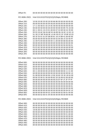 Offset F0:       00 00 00 00 00 00 00 00 00 00 00 00 00 00 00 00

PCI-8086-29C0:   Intel G31/G33/P35/Q33/Q35/Bigby MCHBAR

Offset   200:    10 00 20 00 20 00 20 00 86 86 00 00 00 00 00 00
Offset   210:    00 00 00 00 00 00 00 00 00 00 00 00 00 00 00 00
Offset   220:    17 11 00 58 01 02 24 0C 00 00 00 00 00 00 00 00
Offset   230:    00 00 00 00 00 00 00 00 00 00 00 00 89 7A 1D 00
Offset   240:    00 11 00 01 10 23 01 00 00 07 C4 0E 00 22 39 00
Offset   250:    95 03 34 AC 06 04 68 54 46 B5 0A 34 0C 12 A5 15
Offset   260:    91 3D 37 0B 78 00 0E 13 00 30 CC CF 33 BF 02 03
Offset   270:    00 1E 55 01 01 87 08 00 81 18 14 88 41 00 00 00
Offset   280:    00 00 00 00 00 00 00 00 00 02 04 08 10 20 40 FF
Offset   290:    1C 09 F2 04 00 00 00 00 11 00 00 00 68 06 00 00
Offset   2A0:    00 00 00 00 00 00 00 00 00 00 00 00 00 00 00 00
Offset   2B0:    00 00 00 00 00 00 00 00 00 00 00 00 00 00 00 01
Offset   2C0:    F0 C5 0C 00 00 00 00 00 00 00 00 00 00 00 00 00
Offset   2D0:    00 00 00 00 00 00 00 00 00 00 00 00 00 00 00 00
Offset   2E0:    00 00 00 00 00 00 00 00 00 00 00 00 00 00 00 00
Offset   2F0:    00 00 00 00 00 00 00 00 00 00 00 00 00 00 00 00

PCI-8086-29C0:   Intel G31/G33/P35/Q33/Q35/Bigby MCHBAR

Offset   600:    00   00   00   00   00   00   00   00   00   00   00 00 00 00 00 00
Offset   610:    00   00   00   00   00   00   00   00   00   00   00 00 00 00 00 00
Offset   620:    00   00   00   40   00   00   00   00   00   00   00 00 00 00 00 00
Offset   630:    00   00   00   00   00   00   00   00   00   00   00 00 00 00 00 00
Offset   640:    00   11   00   00   00   00   20   00   00   00   80 08 00 11 41 00
Offset   650:    00   00   00   00   00   00   00   00   00   00   00 00 00 00 00 10
Offset   660:    01   08   00   00   00   00   00   13   00   30   0C C0 30 18 02 00
Offset   670:    00   00   55   00   01   00   00   00   82   20   26 08 62 00 00 00
Offset   680:    00   00   00   00   00   00   00   00   00   03   07 0F 1F 3F 7F FF
Offset   690:    08   0E   02   04   00   00   00   00   00   00   00 00 00 00 00 00
Offset   6A0:    00   00   00   00   00   00   00   00   00   00   00 00 00 00 00 00
Offset   6B0:    00   00   00   00   00   00   00   00   00   00   00 00 00 00 00 01
Offset   6C0:    00   00   00   00   00   00   00   00   00   00   00 00 00 00 00 00
Offset   6D0:    00   00   00   00   00   00   00   00   00   00   00 00 00 04 02 10
Offset   6E0:    00   00   00   00   00   04   02   10   00   00   00 02 00 01 04 00
Offset   6F0:    00   00   00   02   00   01   04   00   00   00   00 00 00 00 00 00

PCI-8086-29C0:   Intel G31/G33/P35/Q33/Q35/Bigby MCHBAR

Offset   A00:    00   00   00   00   00   00   00   00   00   00   00   00   04   00   00   00
Offset   A10:    00   00   00   04   00   01   00   00   00   00   00   00   00   00   00   00
Offset   A20:    00   00   00   00   00   00   00   00   00   00   00   E0   00   00   00   00
Offset   A30:    18   06   00   44   00   00   00   00   00   00   00   00   00   00   00   00
Offset   A40:    00   00   00   00   00   00   00   00   00   00   00   00   00   00   00   00
Offset   A50:    00   00   01   00   00   00   00   00   00   00   00   00   90   01   00   00
Offset   A60:    00   00   00   00   00   00   00   00   00   00   00   00   00   00   00   00
Offset   A70:    00   00   00   00   00   00   00   00   00   00   00   00   00   00   00   00
Offset   A80:    00   00   00   00   00   00   00   00   00   00   00   00   00   00   00   00
Offset   A90:    00   00   00   00   00   00   00   00   00   00   00   00   00   00   00   00
Offset   AA0:    00   00   00   00   00   00   00   00   00   00   00   00   00   00   00   00
 