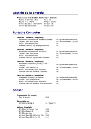 Gestión de la energía
  Propiedades de la Gestión de Ahorro de Energía:
    Fuente de potencia actual      Línea AC
    Estado de la batería           Ninguna batería
    Tiempo de uso de batería llena Desconocido
    Tiempo de uso restante         Desconocido



Portable Computer
  Centrino 1 Platform Compliancy:
    Procesador: Intel Pentium M (Banias/Dothan)        No (QuadCore Intel Wolfdale)
    Chipset: Intel i855GM/PM                           No (Intel Bearlake G31/G33)
    WLAN: Intel PRO/Wireless                           No
    Sistema: Centrino 1 (Carmel) Compliant             No

  Centrino 2 Platform Compliancy:
    Procesador: Intel Pentium M (Dothan)               No (QuadCore Intel Wolfdale)
    Chipset: Intel i915GM/PM                           No (Intel Bearlake G31/G33)
    WLAN: Intel PRO/Wireless                           No
    Sistema: Centrino 2 (Sonoma) Compliant             No

  Centrino 3 Platform Compliancy:
    Procesador: Intel Core (Yonah) / Core 2
                                                       No (QuadCore Intel Wolfdale)
    (Merom)
    Chipset: Intel i945GM/PM                           No (Intel Bearlake G31/G33)
    WLAN: Intel PRO/Wireless 3945ABG                   No
    Sistema: Centrino 3 (Napa) Compliant               No

  Centrino 4 Platform Compliancy:
    Procesador: Intel Core 2 (Merom)                   No (QuadCore Intel Wolfdale)
    Chipset: Intel GM965/PM965                         No (Intel Bearlake G31/G33)
    WLAN: Intel PRO/Wireless 4965AGN                   No
    Sistema: Centrino 4 (Santa Rosa) Compliant         No



Sensor
  Propiedades del sensor:
    Tipo de sensor                     HDD

  Temperaturas:
    SAMSUNG HD502HJ                    32 °C (90 °F)

  Valores de voltaje:
    ITE 87xx HWMonitor Port            0000
    ITE 87xx Device ID                 0000
    ITE 87xx Version                   00
    Winbond SuperIO HWMonitor Port     0000
    Winbond SuperIO Device ID          0541
 