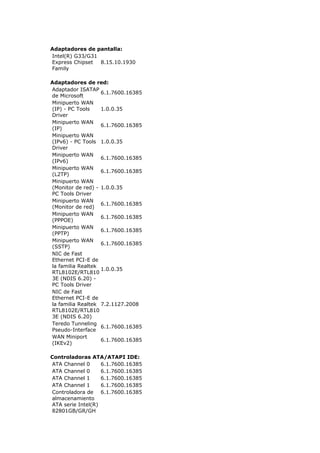 Adaptadores de pantalla:
Intel(R) G33/G31
Express Chipset  8.15.10.1930
Family

Adaptadores de red:
Adaptador ISATAP
                   6.1.7600.16385
de Microsoft
Minipuerto WAN
(IP) - PC Tools    1.0.0.35
Driver
Minipuerto WAN
                   6.1.7600.16385
(IP)
Minipuerto WAN
(IPv6) - PC Tools 1.0.0.35
Driver
Minipuerto WAN
                   6.1.7600.16385
(IPv6)
Minipuerto WAN
                   6.1.7600.16385
(L2TP)
Minipuerto WAN
(Monitor de red) - 1.0.0.35
PC Tools Driver
Minipuerto WAN
                   6.1.7600.16385
(Monitor de red)
Minipuerto WAN
                   6.1.7600.16385
(PPPOE)
Minipuerto WAN
                   6.1.7600.16385
(PPTP)
Minipuerto WAN
                   6.1.7600.16385
(SSTP)
NIC de Fast
Ethernet PCI-E de
la familia Realtek
                   1.0.0.35
RTL8102E/RTL810
3E (NDIS 6.20) -
PC Tools Driver
NIC de Fast
Ethernet PCI-E de
la familia Realtek 7.2.1127.2008
RTL8102E/RTL810
3E (NDIS 6.20)
Teredo Tunneling
                   6.1.7600.16385
Pseudo-Interface
WAN Miniport
                   6.1.7600.16385
(IKEv2)

Controladoras ATA/ATAPI IDE:
ATA Channel 0      6.1.7600.16385
ATA Channel 0      6.1.7600.16385
ATA Channel 1      6.1.7600.16385
ATA Channel 1      6.1.7600.16385
Controladora de 6.1.7600.16385
almacenamiento
ATA serie Intel(R)
82801GB/GR/GH
 