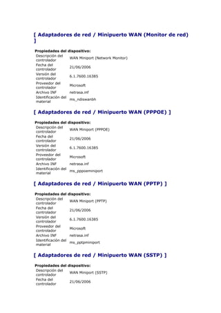 [ Adaptadores de red / Minipuerto WAN (Monitor de red)
]

Propiedades del      dispositivo:
Descripción del
                     WAN Miniport (Network Monitor)
controlador
Fecha del
                     21/06/2006
controlador
Versión del
                     6.1.7600.16385
controlador
Proveedor del
                     Microsoft
controlador
Archivo INF          netrasa.inf
Identificación del
                     ms_ndiswanbh
material


[ Adaptadores de red / Minipuerto WAN (PPPOE) ]

Propiedades del      dispositivo:
Descripción del
                     WAN Miniport (PPPOE)
controlador
Fecha del
                     21/06/2006
controlador
Versión del
                     6.1.7600.16385
controlador
Proveedor del
                     Microsoft
controlador
Archivo INF          netrasa.inf
Identificación del
                     ms_pppoeminiport
material


[ Adaptadores de red / Minipuerto WAN (PPTP) ]

Propiedades del      dispositivo:
Descripción del
                     WAN Miniport (PPTP)
controlador
Fecha del
                     21/06/2006
controlador
Versión del
                     6.1.7600.16385
controlador
Proveedor del
                     Microsoft
controlador
Archivo INF          netrasa.inf
Identificación del
                     ms_pptpminiport
material


[ Adaptadores de red / Minipuerto WAN (SSTP) ]

Propiedades del dispositivo:
Descripción del
                 WAN Miniport (SSTP)
controlador
Fecha del
                 21/06/2006
controlador
 
