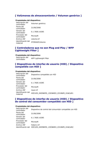 [ Volúmenes de almacenamiento / Volumen genérico ]

Propiedades del      dispositivo:
Descripción del
                     Volumen genérico
controlador
Fecha del
                     21/06/2006
controlador
Versión del
                     6.1.7600.16385
controlador
Proveedor del
                     Microsoft
controlador
Archivo INF          volume.inf
Identificación del
                     STORAGEVolume
material


[ Controladores que no son Plug and Play / WFP
Lightweight Filter ]

Propiedades del dispositivo:
Descripción del
                 WFP Lightweight Filter
controlador


[ Dispositivos de interfaz de usuario (HID) / Dispositivo
compatible con HID ]

Propiedades del      dispositivo:
Descripción del
                     Dispositivo compatible con HID
controlador
Fecha del
                     21/06/2006
controlador
Versión del
                     6.1.7600.16385
controlador
Proveedor del
                     Microsoft
controlador
Archivo INF          input.inf
Identificación del
                     HIDVID_04D9&PID_1503&REV_0310&MI_01&Col01
material


[ Dispositivos de interfaz de usuario (HID) / Dispositivo
de control del consumidor compatible con HID ]

Propiedades del      dispositivo:
Descripción del
                     Dispositivo de control del consumidor compatible con HID
controlador
Fecha del
                     21/06/2006
controlador
Versión del
                     6.1.7600.16385
controlador
Proveedor del
                     Microsoft
controlador
Archivo INF          hidserv.inf
Identificación del   HIDVID_04D9&PID_1503&REV_0310&MI_01&Col02
 