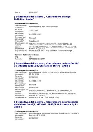 Puerto                00C0-00DF


[ Dispositivos del sistema / Controladora de High
Definition Audio ]

Propiedades del      dispositivo:
Descripción del
                      Controladora de High Definition Audio
controlador
Fecha del
                      13/07/2009
controlador
Versión del
                      6.1.7600.16385
controlador
Proveedor del
                      Microsoft
controlador
Archivo INF           hdaudbus.inf
Identificación del
                      PCIVEN_8086&DEV_27D8&SUBSYS_75291462&REV_01
material
Location              @system32DRIVERSpci.sys,#65536;PCI bus %1, device %2,
Information           function %3;(0,27,0)
Dispositivos PCI      Intel 82801GB ICH7 - High Definition Audio Controller [A-1]

Recursos de los dispositivos:
IRQ              16
Memoria          FEA78000-FEA7BFFF


[ Dispositivos del sistema / Controladora de interfaz LPC
de Intel(R) 82801GB/GR (familia ICH7) - 27B8 ]

Propiedades del      dispositivo:
Descripción del       Controladora de interfaz LPC de Intel(R) 82801GB/GR (familia
controlador           ICH7) - 27B8
Fecha del
                      21/06/2006
controlador
Versión del
                      6.1.7600.16385
controlador
Proveedor del
                      Microsoft
controlador
Archivo INF           machine.inf
Identificación del
                      PCIVEN_8086&DEV_27B8&SUBSYS_75291462&REV_01
material
Location              @system32DRIVERSpci.sys,#65536;PCI bus %1, device %2,
Information           function %3;(0,31,0)
Dispositivos PCI      Intel 82801GB ICH7 - LPC Bridge [A-1]


[ Dispositivos del sistema / Controladora de procesador
del chipset Intel(R) G33/G31/P35/P31 Express a E/S -
29C0 ]

Propiedades del      dispositivo:
Descripción del       Controladora de procesador del chipset Intel(R) G33/G31/P35/P31
controlador           Express a E/S - 29C0
Fecha del
                      21/06/2006
controlador
 