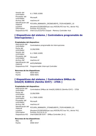 Versión del
                     6.1.7600.16385
controlador
Proveedor del
                     Microsoft
controlador
Archivo INF          machine.inf
Identificación del
                     PCIVEN_8086&DEV_29C0&SUBSYS_75291462&REV_10
material
Location             @system32DRIVERSpci.sys,#65536;PCI bus %1, device %2,
Information          function %3;(0,0,0)
Dispositivos PCI     Intel G31/G33/P35 Chipset - Memory Controller Hub


[ Dispositivos del sistema / Controladora programable de
interrupciones ]

Propiedades del      dispositivo:
Descripción del
                     Controladora programable de interrupciones
controlador
Fecha del
                     21/06/2006
controlador
Versión del
                     6.1.7600.16385
controlador
Proveedor del
                     Microsoft
controlador
Archivo INF          machine.inf
Identificación del
                     ACPIPNP0000
material
Dispositivos PnP     Programmable Interrupt Controller

Recursos de los dispositivos:
Puerto           0020-0021
Puerto           00A0-00A1


[ Dispositivos del sistema / Controladora SMBus de
Intel(R) 82801G (familia ICH7) - 27DA ]

Propiedades del      dispositivo:
Descripción del
                     Controladora SMBus de Intel(R) 82801G (familia ICH7) - 27DA
controlador
Fecha del
                     21/06/2006
controlador
Versión del
                     6.1.7600.16385
controlador
Proveedor del
                     Microsoft
controlador
Archivo INF          machine.inf
Identificación del
                     PCIVEN_8086&DEV_27DA&SUBSYS_75291462&REV_01
material
Location             @system32DRIVERSpci.sys,#65536;PCI bus %1, device %2,
Information          function %3;(0,31,3)
Dispositivos PCI     Intel 82801GB ICH7 - SMBus Controller [A-1]

Recursos de los dispositivos:
IRQ              06
Puerto           0400-041F
 
