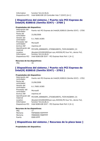 Information          function %3;(0,30,0)
Dispositivos PCI     Intel 82801GB I/O Controller Hub 7 (ICH7) [A-1]


[ Dispositivos del sistema / Puerto raíz PCI Express de
Intel(R) 82801G (familia ICH7) - 27D0 ]

Propiedades del      dispositivo:
Descripción del
                     Puerto raíz PCI Express de Intel(R) 82801G (familia ICH7) - 27D0
controlador
Fecha del
                     21/06/2006
controlador
Versión del
                     6.1.7600.16385
controlador
Proveedor del
                     Microsoft
controlador
Archivo INF          machine.inf
Identificación del
                     PCIVEN_8086&DEV_27D0&SUBSYS_75291462&REV_01
material
Location             @system32DRIVERSpci.sys,#65536;PCI bus %1, device %2,
Information          function %3;(0,28,0)
Dispositivos PCI     Intel 82801GB ICH7 - PCI Express Root Port 1 [A-1]

Recursos de los dispositivos:
IRQ              16


[ Dispositivos del sistema / Puerto raíz PCI Express de
Intel(R) 82801G (familia ICH7) - 27D2 ]

Propiedades del      dispositivo:
Descripción del
                     Puerto raíz PCI Express de Intel(R) 82801G (familia ICH7) - 27D2
controlador
Fecha del
                     21/06/2006
controlador
Versión del
                     6.1.7600.16385
controlador
Proveedor del
                     Microsoft
controlador
Archivo INF          machine.inf
Identificación del
                     PCIVEN_8086&DEV_27D2&SUBSYS_75291462&REV_01
material
Location             @system32DRIVERSpci.sys,#65536;PCI bus %1, device %2,
Information          function %3;(0,28,1)
Dispositivos PCI     Intel 82801GB ICH7 - PCI Express Root Port 2 [A-1]

Recursos de los dispositivos:
IRQ              17
Memoria          FDF00000-FDFFFFFF
Memoria          FEB00000-FEBFFFFF
Puerto           E000-EFFF


[ Dispositivos del sistema / Recursos de la placa base ]

Propiedades del dispositivo:
 