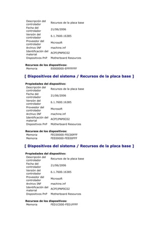 Descripción del
                     Recursos de la placa base
controlador
Fecha del
                     21/06/2006
controlador
Versión del
                     6.1.7600.16385
controlador
Proveedor del
                     Microsoft
controlador
Archivo INF          machine.inf
Identificación del
                     ACPIPNP0C02
material
Dispositivos PnP     Motherboard Resources

Recursos de los dispositivos:
Memoria          E0000000-EFFFFFFF


[ Dispositivos del sistema / Recursos de la placa base ]

Propiedades del      dispositivo:
Descripción del
                     Recursos de la placa base
controlador
Fecha del
                     21/06/2006
controlador
Versión del
                     6.1.7600.16385
controlador
Proveedor del
                     Microsoft
controlador
Archivo INF          machine.inf
Identificación del
                     ACPIPNP0C02
material
Dispositivos PnP     Motherboard Resources

Recursos de los dispositivos:
Memoria          FEC00000-FEC00FFF
Memoria          FEE00000-FEE00FFF


[ Dispositivos del sistema / Recursos de la placa base ]

Propiedades del      dispositivo:
Descripción del
                     Recursos de la placa base
controlador
Fecha del
                     21/06/2006
controlador
Versión del
                     6.1.7600.16385
controlador
Proveedor del
                     Microsoft
controlador
Archivo INF          machine.inf
Identificación del
                     ACPIPNP0C02
material
Dispositivos PnP     Motherboard Resources

Recursos de los dispositivos:
Memoria          FED1C000-FED1FFFF
 