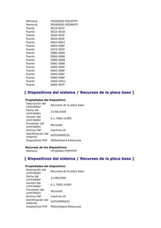 Memoria              FED20000-FED3FFFF
Memoria              FED45000-FED89FFF
Puerto               0010-001F
Puerto               0022-002D
Puerto               0030-003F
Puerto               0044-005F
Puerto               0062-0063
Puerto               0065-006F
Puerto               0072-007F
Puerto               0080-0080
Puerto               0084-0086
Puerto               0088-0088
Puerto               008C-008E
Puerto               0090-009F
Puerto               00A2-00BF
Puerto               00E0-00EF
Puerto               0480-04BF
Puerto               04D0-04D1
Puerto               0800-087F


[ Dispositivos del sistema / Recursos de la placa base ]

Propiedades del      dispositivo:
Descripción del
                     Recursos de la placa base
controlador
Fecha del
                     21/06/2006
controlador
Versión del
                     6.1.7600.16385
controlador
Proveedor del
                     Microsoft
controlador
Archivo INF          machine.inf
Identificación del
                     ACPIPNP0C02
material
Dispositivos PnP     Motherboard Resources

Recursos de los dispositivos:
Memoria          FFC00000-FFEFFFFF


[ Dispositivos del sistema / Recursos de la placa base ]

Propiedades del      dispositivo:
Descripción del
                     Recursos de la placa base
controlador
Fecha del
                     21/06/2006
controlador
Versión del
                     6.1.7600.16385
controlador
Proveedor del
                     Microsoft
controlador
Archivo INF          machine.inf
Identificación del
                     ACPIPNP0C02
material
Dispositivos PnP     Motherboard Resources
 