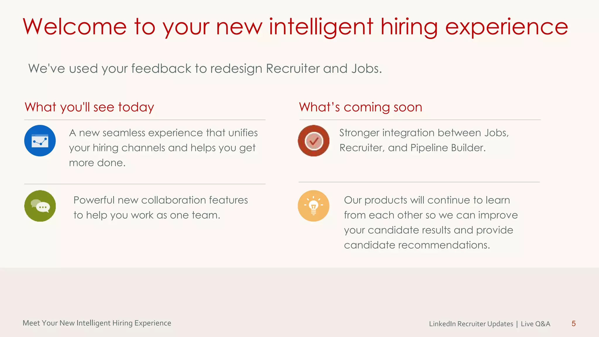 Meet Your New Intelligent Hiring Experience LinkedIn Recruiter Updates | Live Q&A 5
What you'll see today
Welcome to your new intelligent hiring experience
We've used your feedback to redesign Recruiter and Jobs.
A new seamless experience that unifies
your hiring channels and helps you get
more done.
What’s coming soon
Stronger integration between Jobs,
Recruiter, and Pipeline Builder.
Powerful new collaboration features
to help you work as one team.
Our products will continue to learn
from each other so we can improve
your candidate results and provide
candidate recommendations.
 