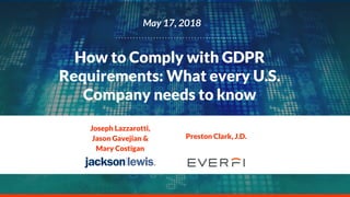 May 17, 2018
How to Comply with GDPR
Requirements: What every U.S.
Company needs to know
Preston Clark, J.D.
Joseph Lazzarotti,
Jason Gavejian &
Mary Costigan
 