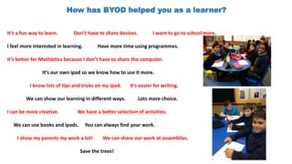 How has BYOD helped you as a learner?
It’s a fun way to learn. Don’t have to share devices. I want to go to school more.
I feel more interested in learning. Have more time using programmes.
It’s better for Mathletics because I don’t have to share the computer.
It’s our own ipad so we know how to use it more.
I know lots of tips and tricks on my ipad. It’s easier for writing.
We can show our learning in different ways. Lots more choice.
I can be more creative. We have a better selection of activities.
We can use books and ipads. You can always find your work.
I show my parents my work a lot! We can share our work at assemblies.
Save the trees!
 