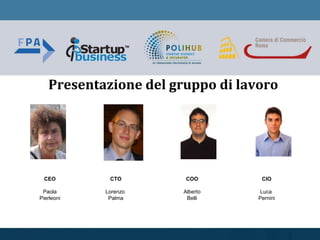 Presentazione del gruppo di lavoro
CEO
Paola
Pierleoni
CTO
Lorenzo
Palma
COO
Alberto
Belli
CIO
Luca
Pernini
 