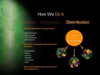 How We Do It
Content               Integration           Distribution
 Targeted distribution through leading:

 - Media Partners
 - Video portals                              Brand
 -- Top Publishers                              As
 - Ad Networks
                                            Broadcaster
 Extend the message through Transmedia
 Activation:

 - Social Media
 - Mobile
 - Gaming
 - Widgets
 - Live Events
 - Apps

 We provide detailed reporting metrics of
 user engagement.
 