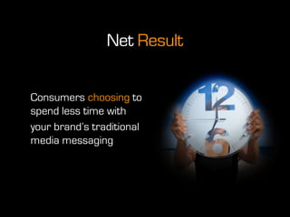 Net Result


Consumers choosing to
spend less time with
your brand’s traditional
media messaging
 