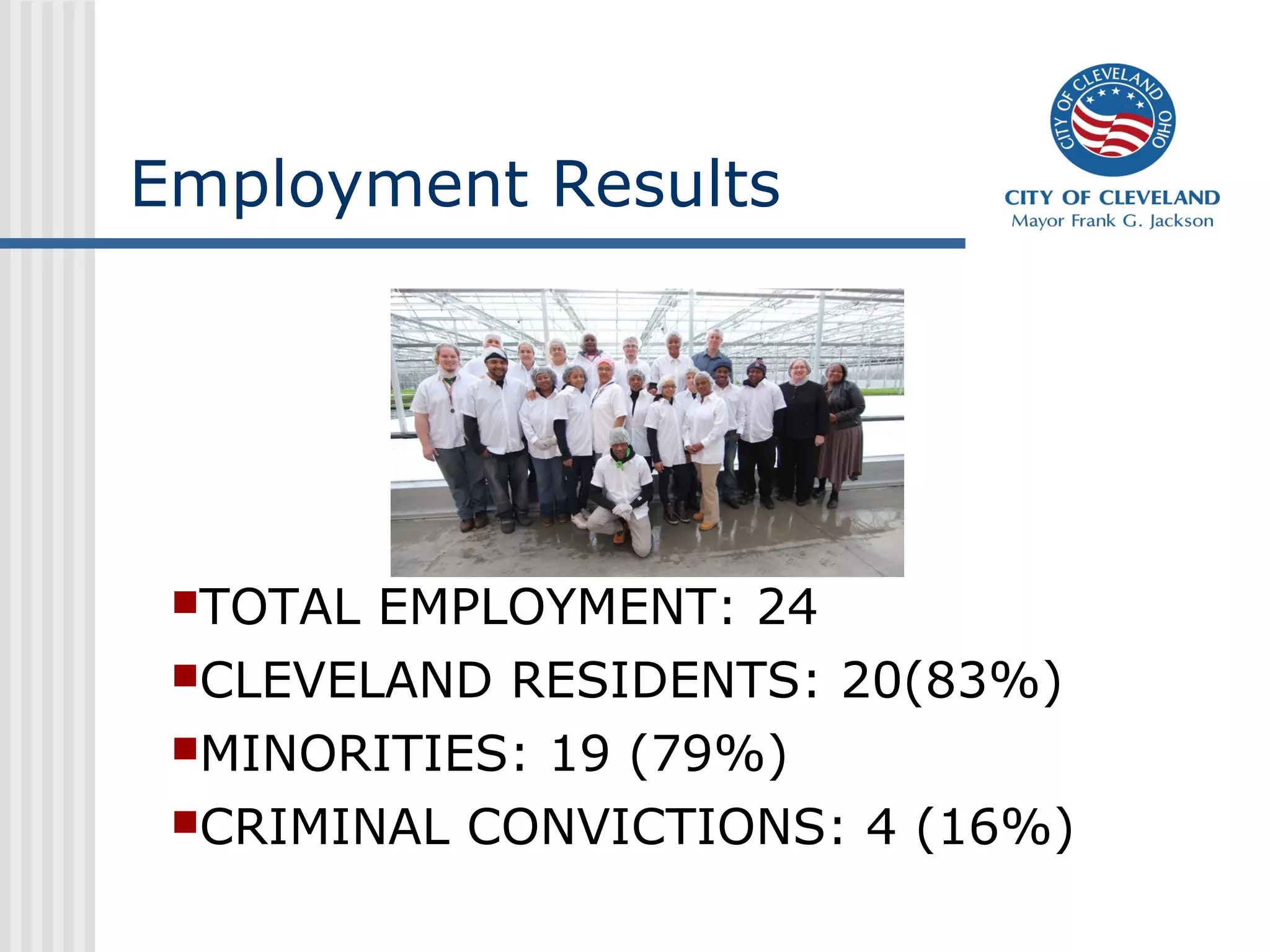 Employment Results
TOTAL EMPLOYMENT: 24
CLEVELAND RESIDENTS: 20(83%)
MINORITIES: 19 (79%)
CRIMINAL CONVICTIONS: 4 (16%)
 