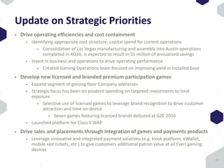 Update on Strategic Priorities
• Drive operating efficiencies and cost containment
• Identifying appropriate cost structure, capital spend for current operations
• Consolidation of Las Vegas manufacturing and assembly into Austin operations
completed in 4Q16; is expected to result in $1 million of annualized savings
• Invest in business and operations to drive operating performance
• Created Gaming Operations team focused on improving yield in installed base
• Develop new licensed and branded premium participation games
• Expand segment of gaming floor Company addresses
• Strategic focus has been on prudent spending on targeted investments to limit
exposure
• Selective use of licensed games to leverage brand recognition to drive customer
attraction and time on device
• Seven games featuring licensed brands debuted at G2E 2016
• Launched platform for Class II WAP
• Drive sales and placements through integration of games and payments products
• Leverage innovative and integrated payment solutions (e.g. kiosk platform, eWallet,
mobile slot tickets, etc.) to give customers additional patron value at all Everi gaming
devices
13
 