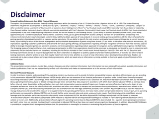 Disclaimer
2
Forward-Looking Statements; Non-GAAP Financial Measures
Throughout this presentation we make forward-looking statements within the meaning of the U.S. Private Securities Litigation Reform Act of 1995. The forward-looking
statements are generally accompanied by words such as ‘‘plan,’’ ‘‘estimate,’’ ‘‘expect,’’ ‘‘intend,’’ ‘‘believe,’’ ‘‘should,’’ ‘‘would,’’ ‘‘could,” “potential,” ‘‘anticipate,’’ “project” or
other words that convey uncertainty of future events or outcomes. Everi Holdings Inc.’s (“Everi” or “our”) actual results could differ materially from those stated or implied by
these forward-looking statements due to risks and uncertainties associated with Everi’s business. Factors which could cause Everi’s actual results to differ from those projected or
contemplated in any such forward-looking statements include, but are not limited to, the following factors: (1) our ability to maintain a broad customer reach, cross selling
opportunities and a combined sales force able to address customers’ needs; (2) our game development studios’ ability to increase the product library and develop new
enhancements to include in newly developed content; (3) our ability to obtain approval of new products in new and existing gaming jurisdictions; (4) the failure of analytics for
gaming operations to adequately predict or measure gaming operations; (5) our ability to identify the cost structure and capital spend required to operate at current business
levels; (6) our ability to secure brand license arrangements and to complete development of games using these brands; (7) our ability to introduce new products and services; (8)
expectations regarding customers’ preferences and demands for future gaming offerings; (9) expectations regarding timing for recognition of revenue from new markets; (10) our
ability to leverage integrated games and payments products; and (11) expectations regarding product approvals for our games and our ability to introduce games into field trials.
The foregoing review of important factors that could cause actual events to differ from expectations should not be construed as exhaustive and should be read in conjunction with
statements that are included herein and elsewhere, including the risk factors included in Everi’s most recent Annual Report on Form 10-K filed with the U.S. Securities and
Exchange Commission. Except as required by applicable law, Everi undertakes no obligation to publicly update any forward-looking statement, or to make any other forward-
looking statements, whether written or oral, that may be made from time to time, whether as a result of new information, future developments or otherwise. Readers are
cautioned not to place undue reliance on forward-looking statements, which are based only on information currently available to Everi and speak only as of the date of this
communication.
Additional Notes
This presentation contains industry market data, industry forecasts and other statistical information. Such information has been obtained from publicly available information and
industry publications. Everi has not independently verified such information and makes no representations as to the accuracy of such information.
Non-GAAP Financial Measures
In order to enhance investor understanding of the underlying trends in our business and to provide for better comparability between periods in different years, we are providing
in this presentation Adjusted EBITDA and Adjusted EBITDA Margin, which are not measures of our financial performance or position under United States Generally Accepted
Accounting Principles (“GAAP”). Accordingly, these measures should not be considered in isolation or as a substitute for, and should be read in conjunction with, our net earnings
(loss), operating income (loss), basic or diluted earnings (loss) per share and cash flow data prepared in accordance with GAAP. Everi defines Adjusted EBITDA as earnings (loss)
before interest, taxes, depreciation and amortization, non-cash stock compensation expense, goodwill impairment charges, accretion of contract rights, write-down of note
receivable and warrant, loss on the sale of the aircraft, acquisition and other costs related to mergers and purchase accounting adjustments, separation costs related to the
Company’s former CEO, and manufacturing relocation costs less a benefit from one-time legal settlement proceeds. Everi presents Adjusted EBITDA as it uses this measure to
manage its business and considers this measure to be supplemental to its operating performance. Everi also makes certain compensation decisions based, in part, on its operating
performance, as measured by Adjusted EBITDA; and its credit facility, senior secured notes and senior unsecured notes require Everi to comply with a consolidated secured
leverage ratio that includes performance metrics substantially similar to Adjusted EBITDA. We define Adjusted EBITDA Margin as Adjusted EBITDA divided by revenues.
A reconciliation of Everi’s most directly comparable GAAP measure to Adjusted EBITDA and Adjusted EBITDA Margin is included in Everi’s earning releases located on Everi’s
website at ir.everi.com. Additionally, a reconciliation of each segment’s operating income (loss) to Adjusted EBITDA is also included. On a segment level, operating income (loss)
per GAAP, rather than net earnings (loss) per GAAP, is reconciled to Adjusted EBITDA as Everi does not report net earnings (loss) by segment. In addition, Adjusted EBITDA Margin
is provided on a segment level. Management believes that this presentation is meaningful to investors in evaluating the performance of Everi’s segments.
 