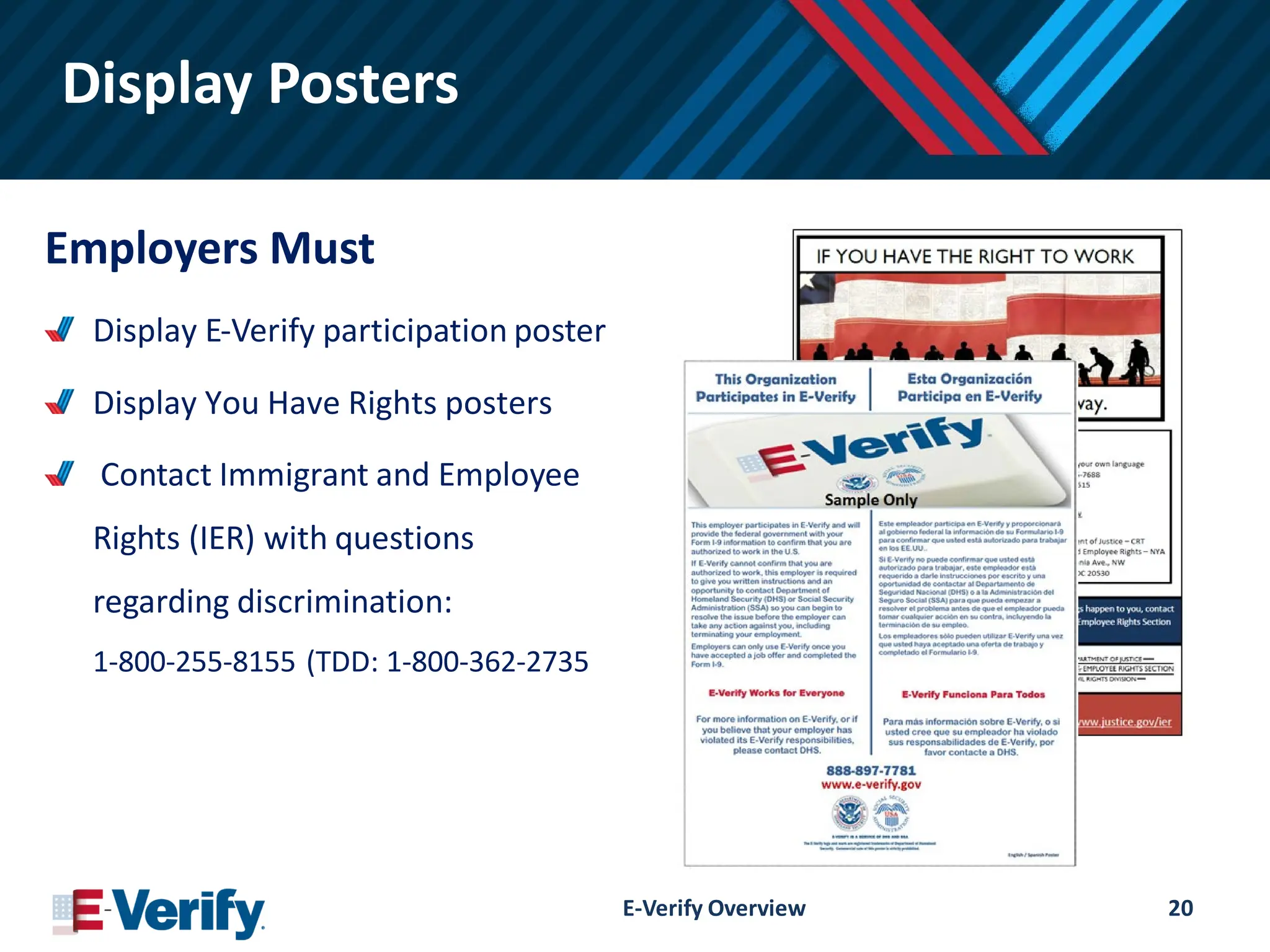 Display Posters
Employers Must
Display E-Verify participation poster
Display You Have Rights posters
Contact Immigrant and Employee
Rights (IER) with questions
regarding discrimination:
1-800-255-8155 (TDD: 1-800-362-2735
E-Verify Overview 20
 